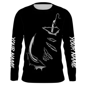 3D Fish Hook Customize Long Sleeve Performance Black Fishing Shirts 