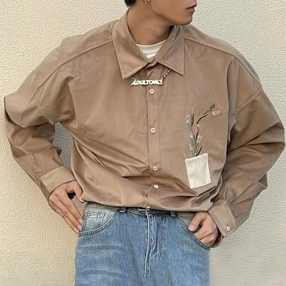 Aidase Mens Japanese Corduroy Floral Embroidered Long-Sleeved Shirt 2024 New Genderless Fashion Youth Trend Comfortable Shirt Unisex