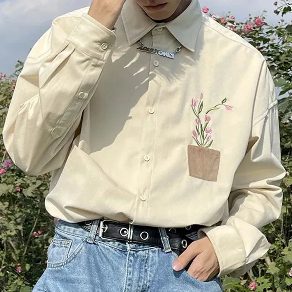 Aidase Mens Japanese Corduroy Floral Embroidered Long-Sleeved Shirt 2024 New Genderless Fashion Youth Trend Comfortable Shirt Unisex