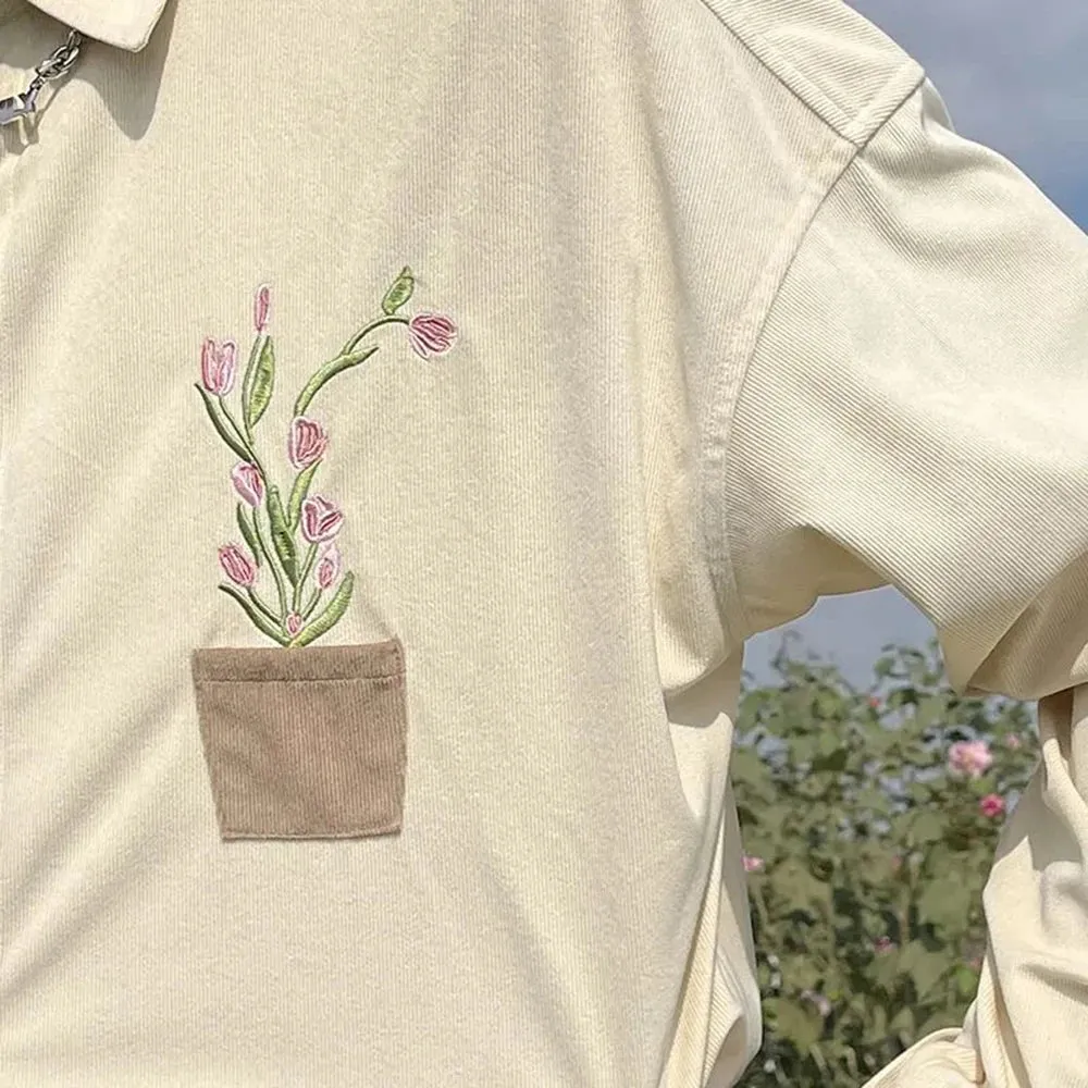 Aidase Mens Japanese Corduroy Floral Embroidered Long-Sleeved Shirt 2024 New Genderless Fashion Youth Trend Comfortable Shirt Unisex