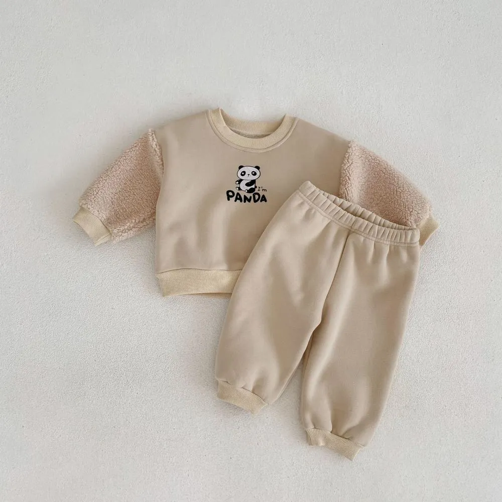 Autumn and Winter Baby Panda Print Thick Fleece Top and Trousers Two-piece Set Wholesale Baby Clothes