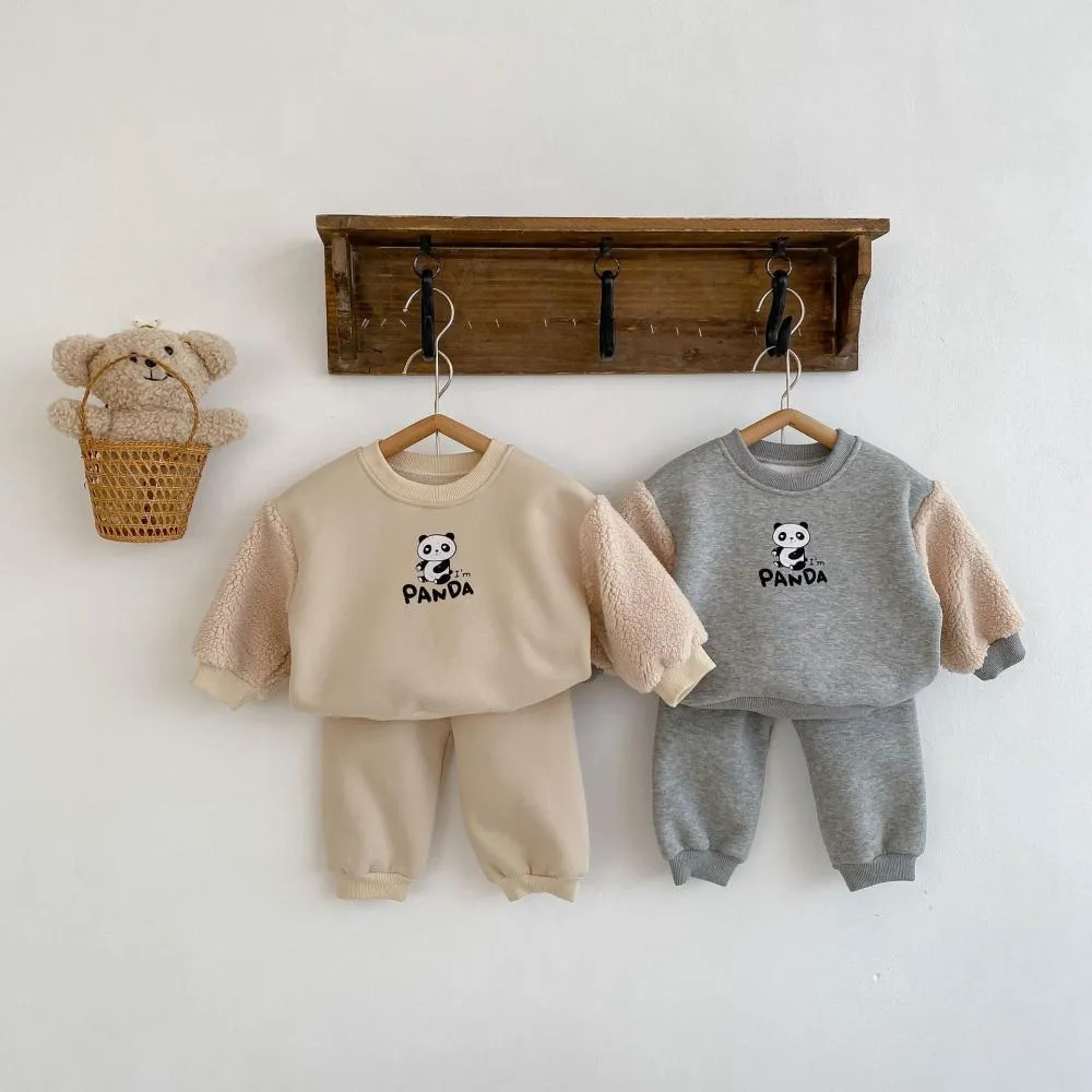 Autumn and Winter Baby Panda Print Thick Fleece Top and Trousers Two-piece Set Wholesale Baby Clothes