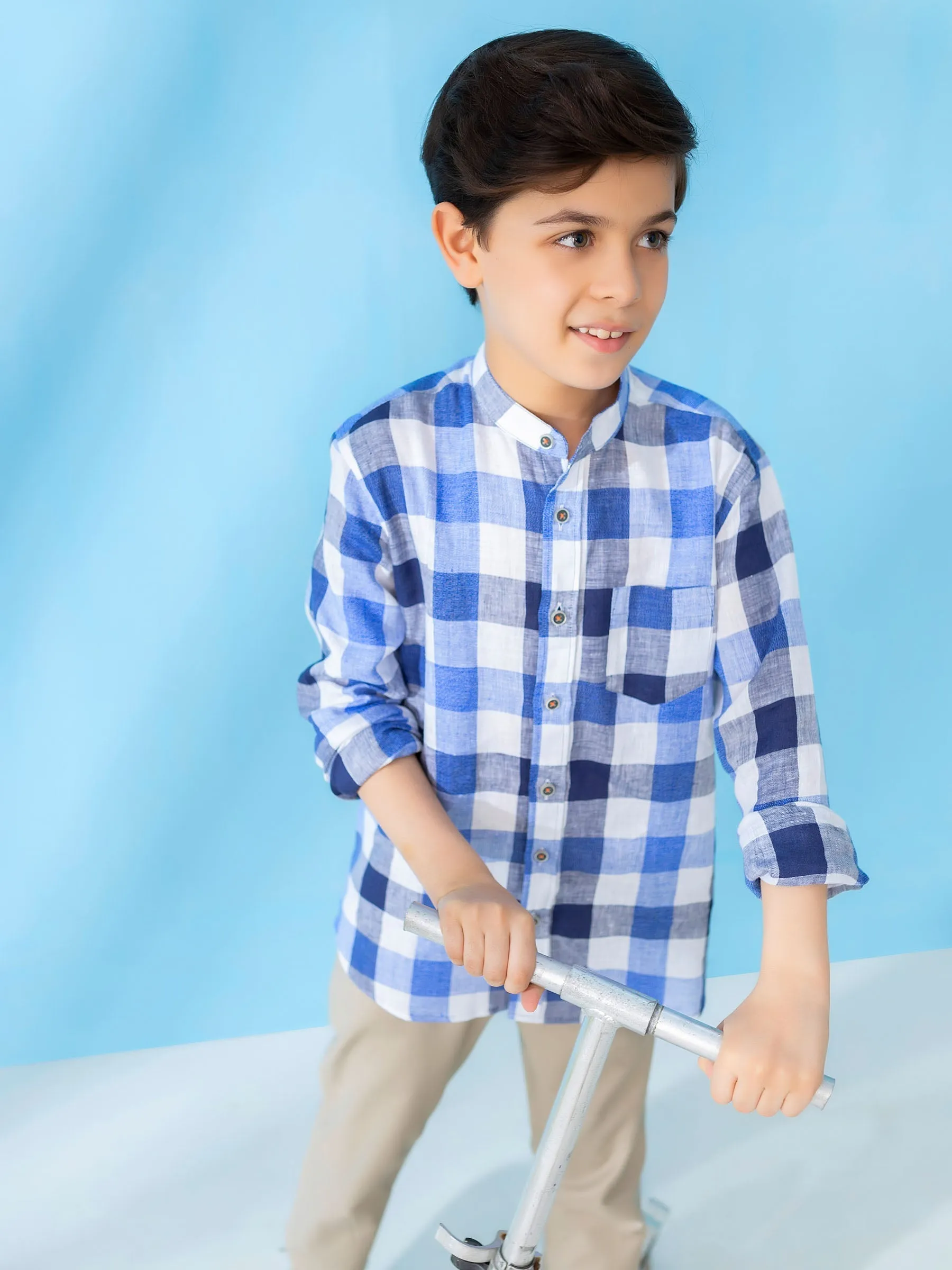 Blue Linen Mao Collar Casual Shirt