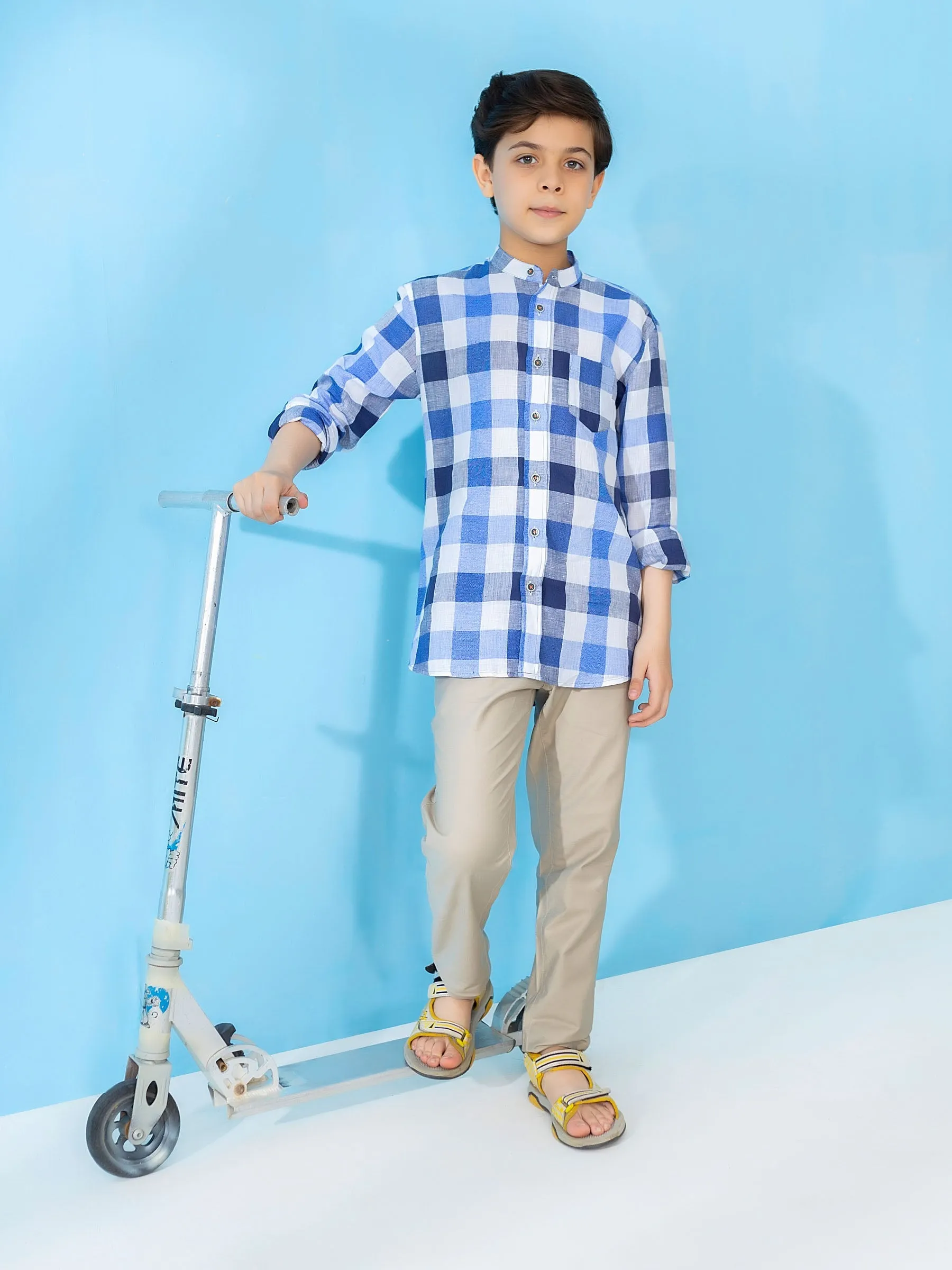 Blue Linen Mao Collar Casual Shirt