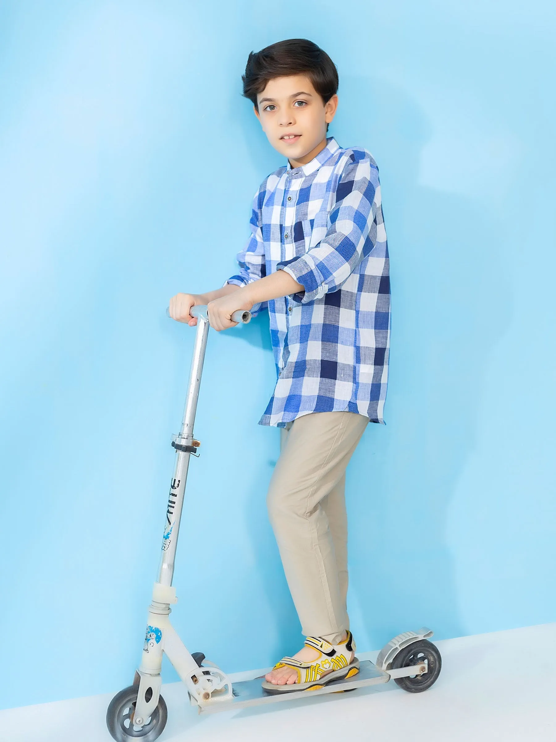 Blue Linen Mao Collar Casual Shirt
