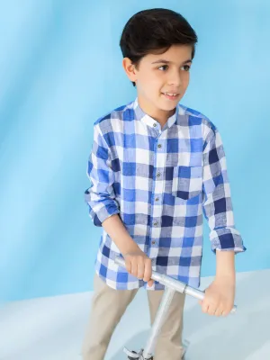 Blue Linen Mao Collar Casual Shirt