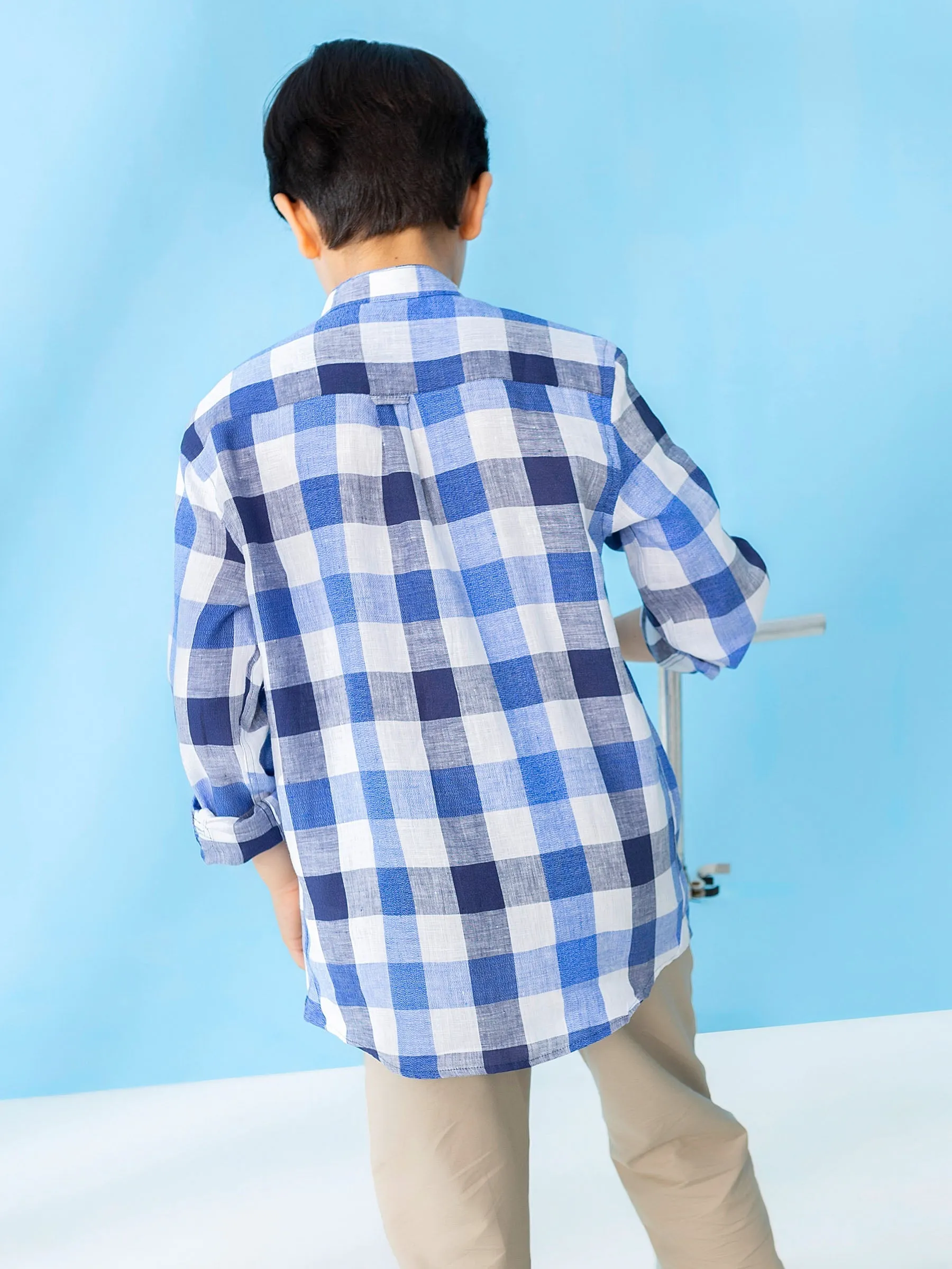 Blue Linen Mao Collar Casual Shirt