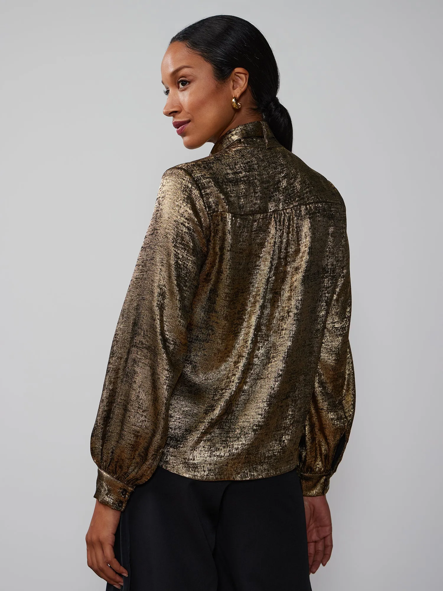 Bow Detail Balloon Sleeve Metallic Top
