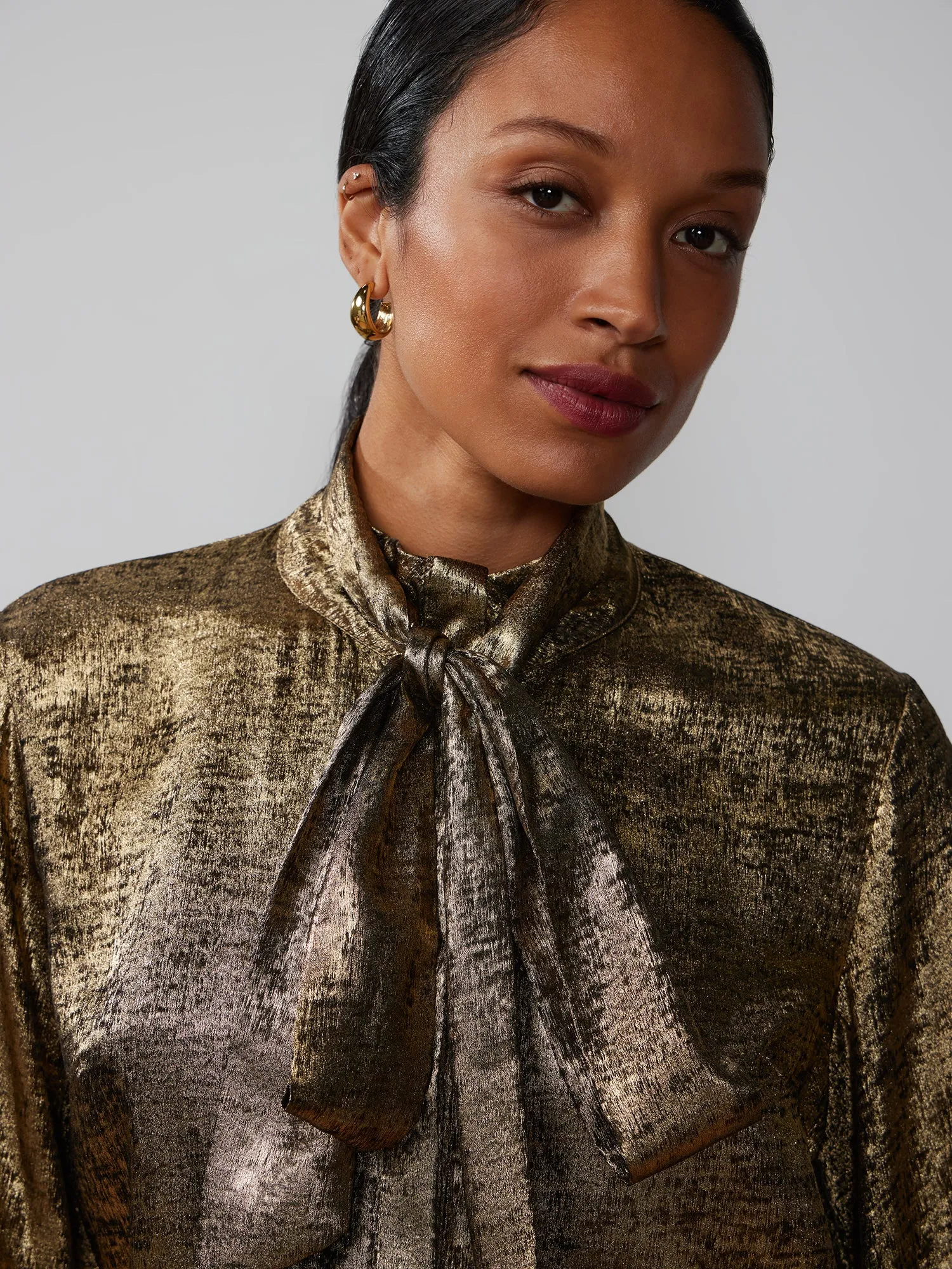 Bow Detail Balloon Sleeve Metallic Top