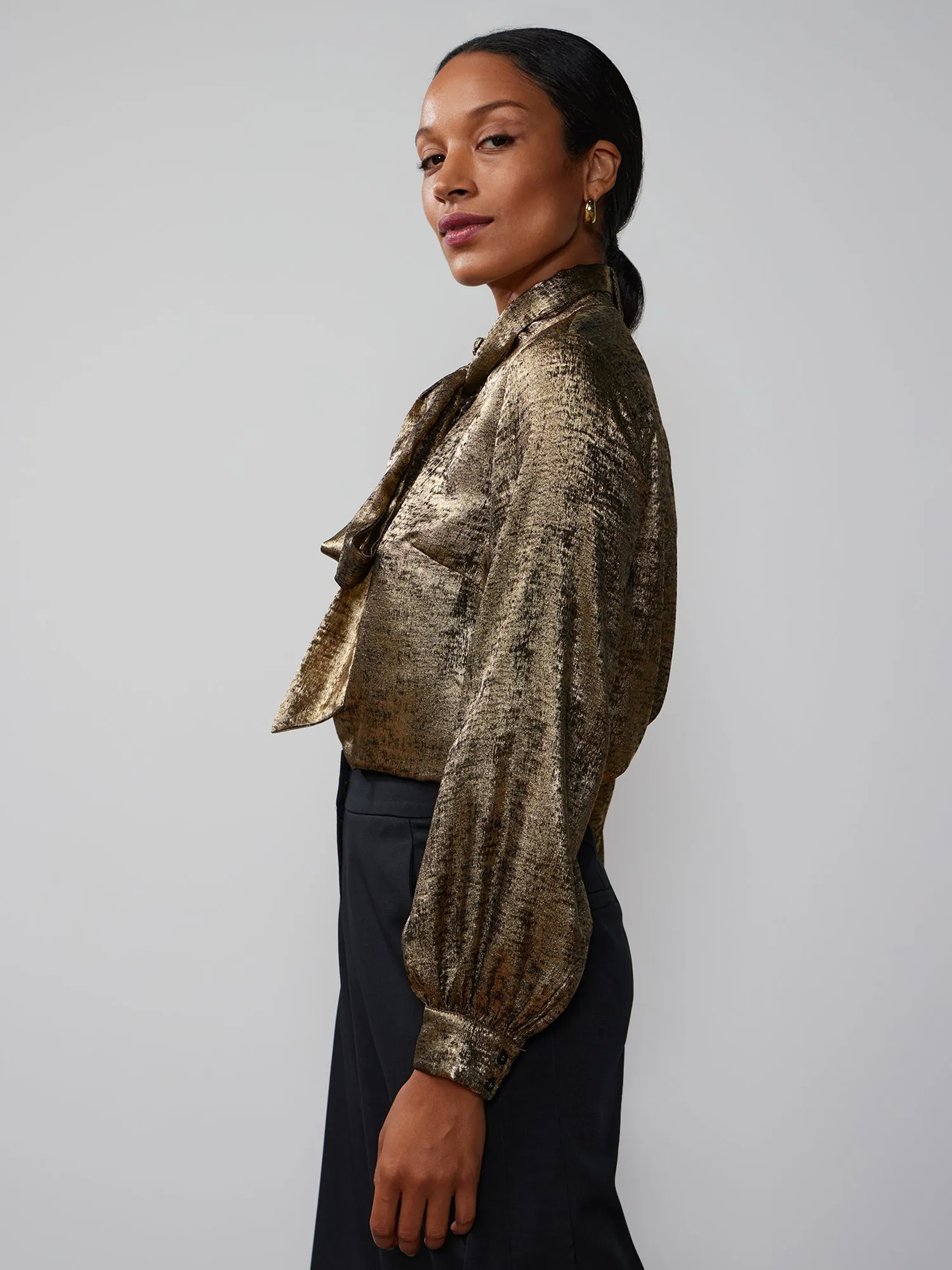 Bow Detail Balloon Sleeve Metallic Top