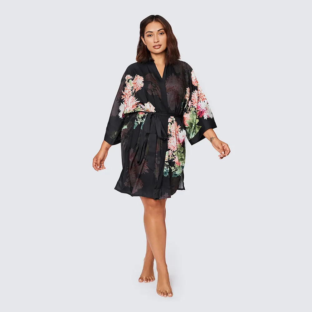 Coral Chrysanthemum Short Kimono Robe (Plus Size)