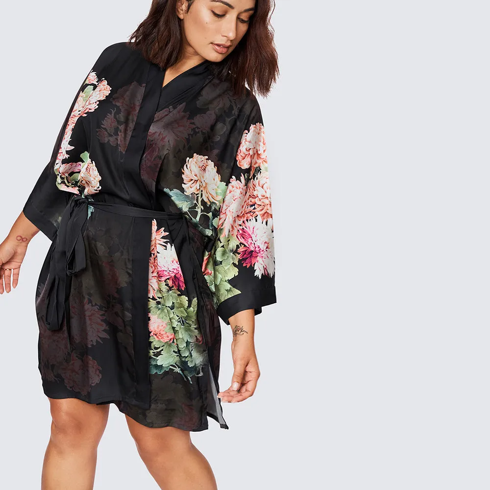 Coral Chrysanthemum Short Kimono Robe (Plus Size)