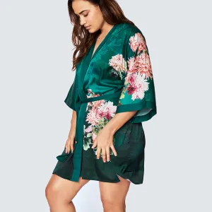 Coral Chrysanthemum Short Kimono Robe (Plus Size)