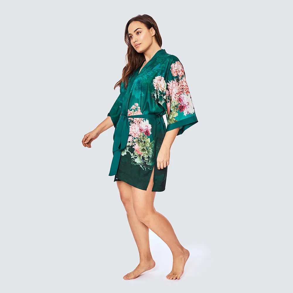 Coral Chrysanthemum Short Kimono Robe (Plus Size)