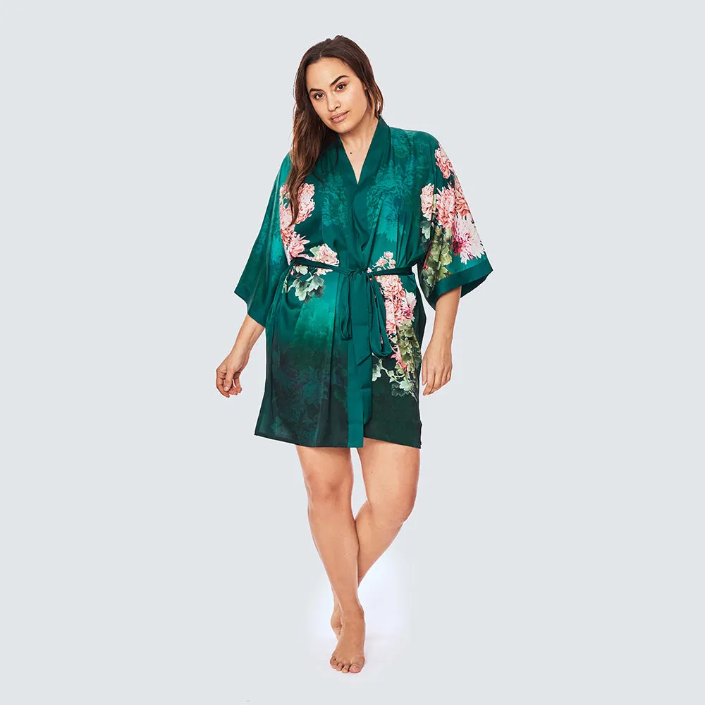 Coral Chrysanthemum Short Kimono Robe (Plus Size)