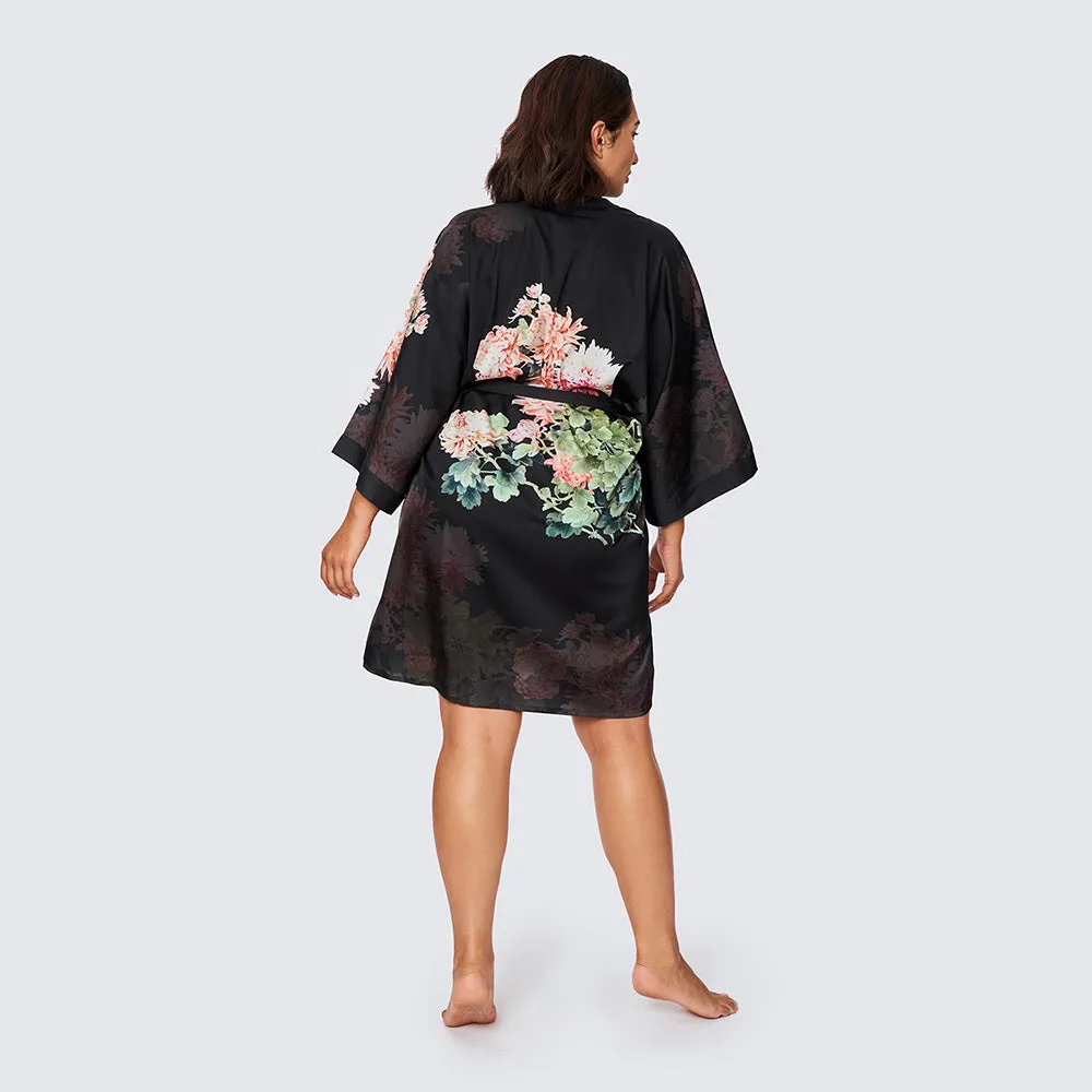 Coral Chrysanthemum Short Kimono Robe (Plus Size)