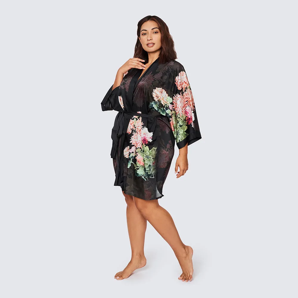 Coral Chrysanthemum Short Kimono Robe (Plus Size)