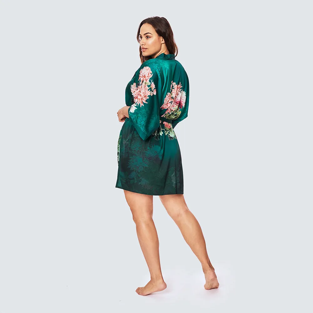 Coral Chrysanthemum Short Kimono Robe (Plus Size)