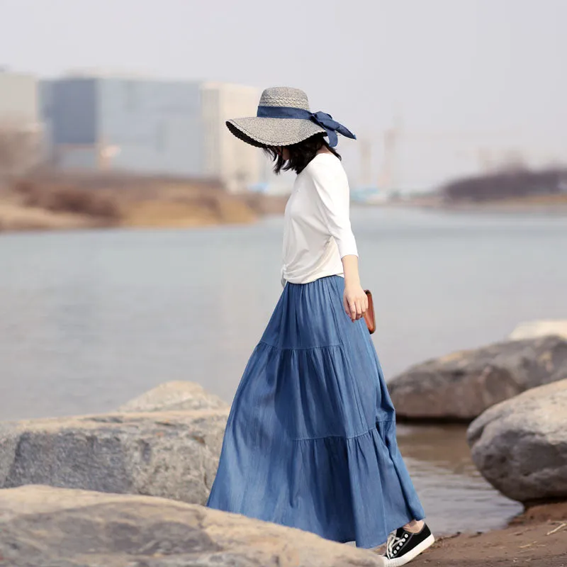Denim Cotton Women's Skirts Summer Linen Skirt Elastic Waist SSM09754