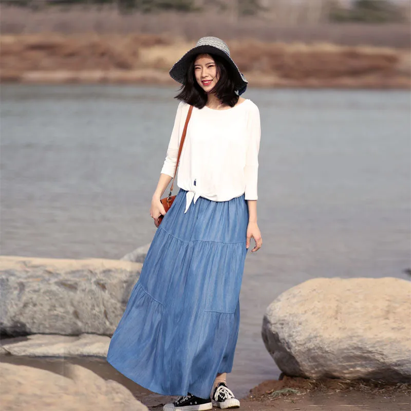 Denim Cotton Women's Skirts Summer Linen Skirt Elastic Waist SSM09754