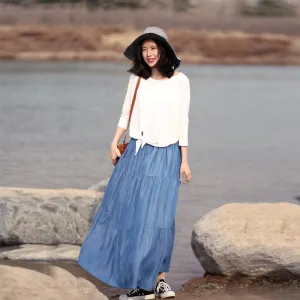 Denim Cotton Women's Skirts Summer Linen Skirt Elastic Waist SSM09754