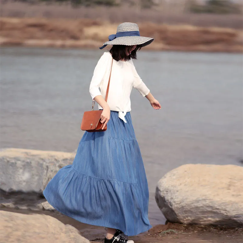 Denim Cotton Women's Skirts Summer Linen Skirt Elastic Waist SSM09754