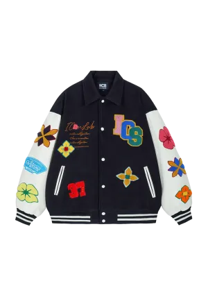 Flower Contrast Lapel Baseball Jersey