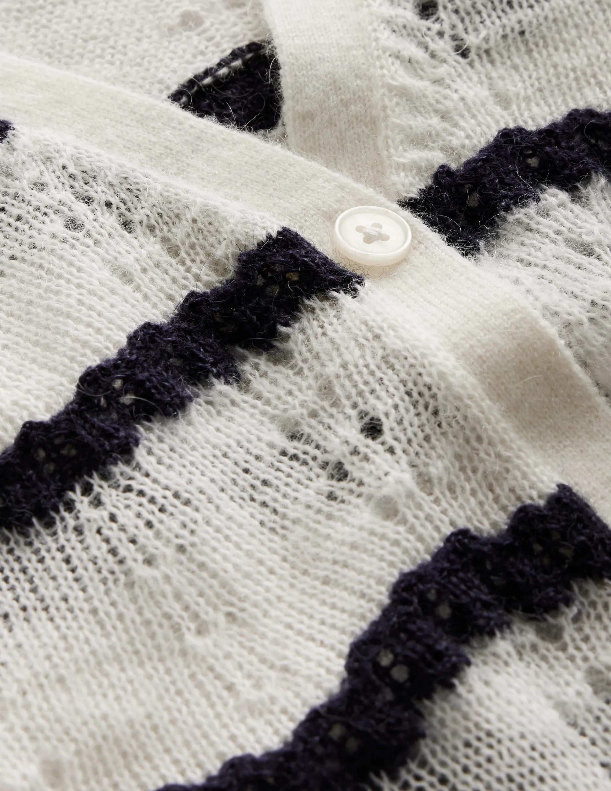 Fluffy Pointelle Cardigan-Ivory. Naval Academy Stripe