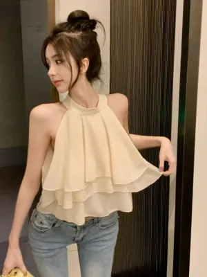 Girlary Women Clothing Summer Crop Tops O-neck Sleeveless Chiffon Tanks Fashion Ruffles Korean Camis Temperament Vest Korean Chic