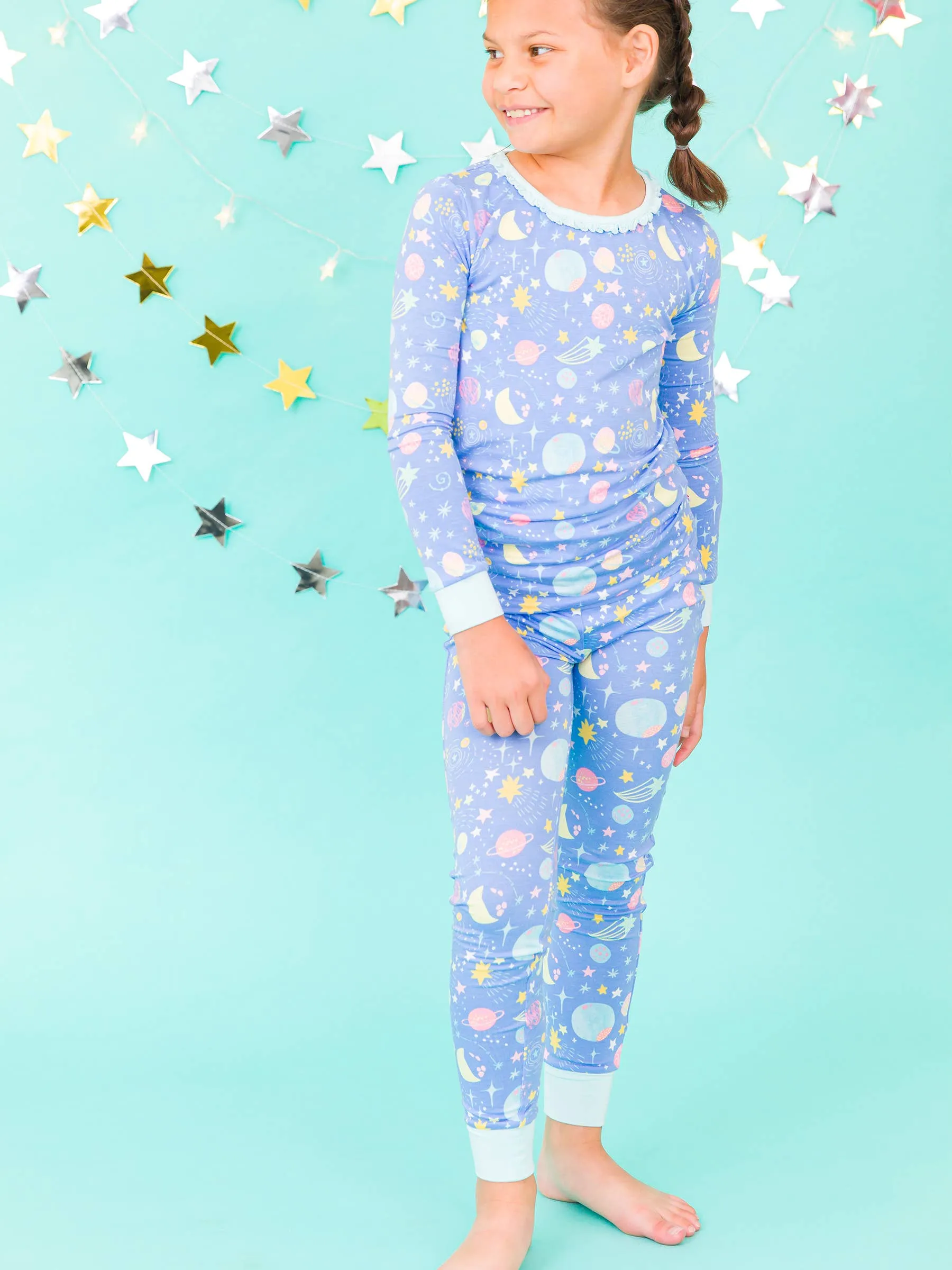 Girls Starry Dreams Bamboo Viscose Ruffle Long Sleeve Pajama Set