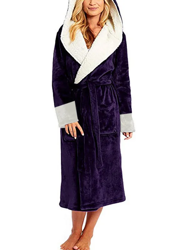 Hooded Belt Fleece Lounge Robe