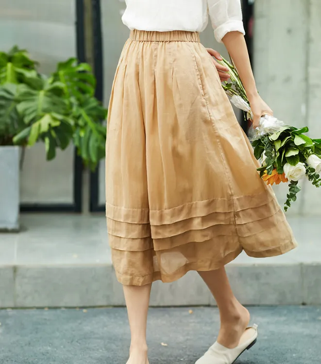 Khaki Women's Skirts Summer Linen Skirt Elastic Waist SJ09755