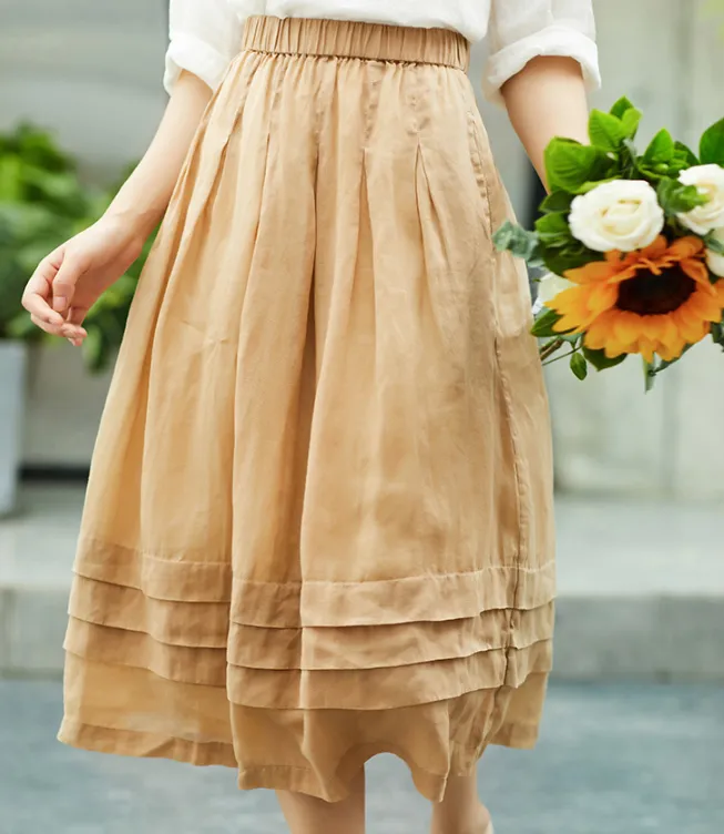 Khaki Women's Skirts Summer Linen Skirt Elastic Waist SJ09755