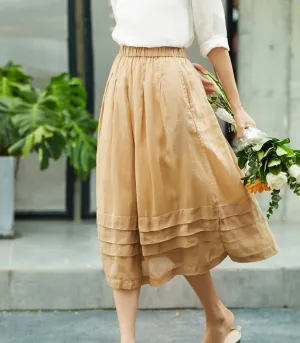 Khaki Women's Skirts Summer Linen Skirt Elastic Waist SJ09755