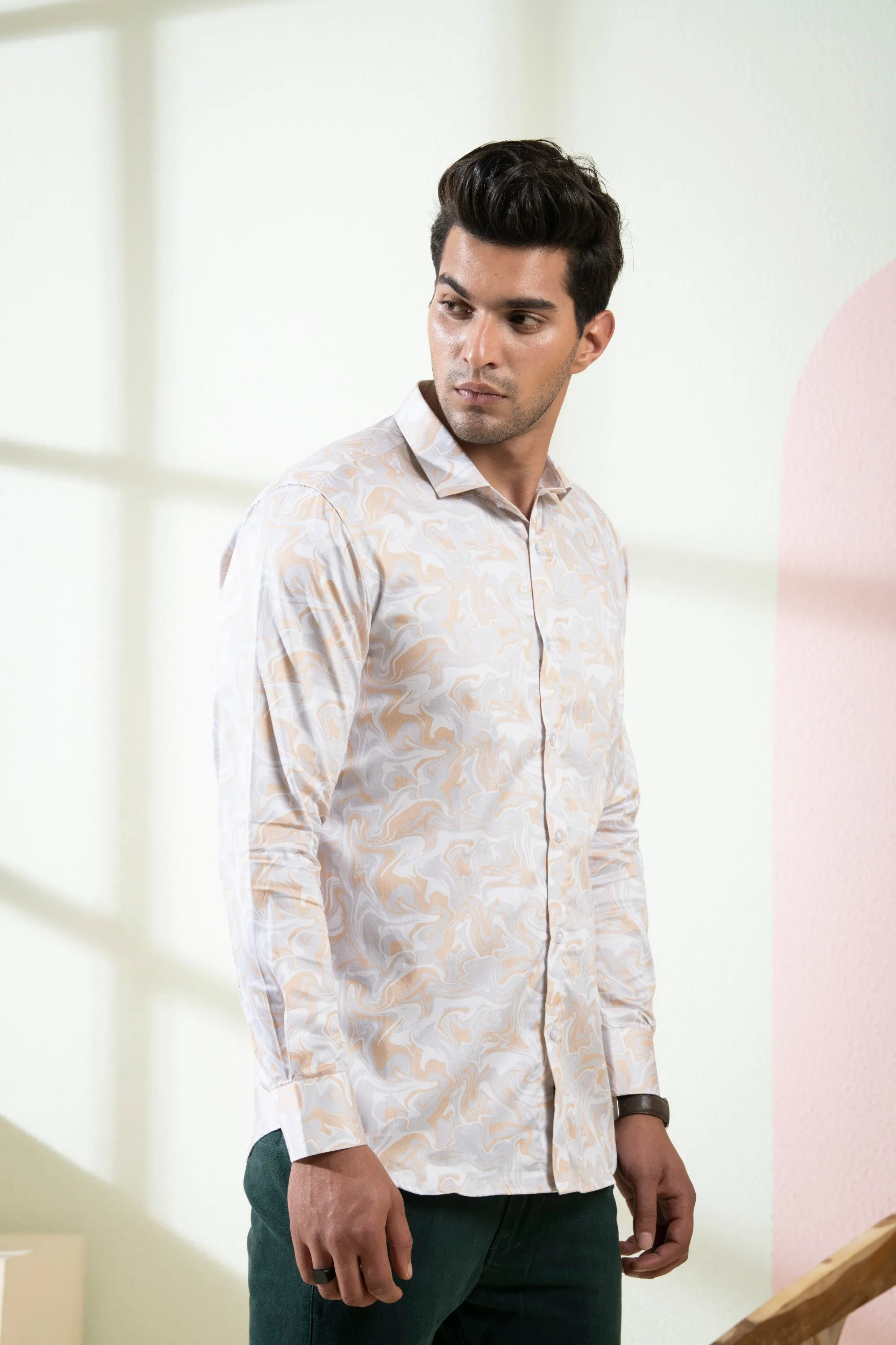 Men's Peach Color Marbleized Full Sleeves Shirt - Hilo Design