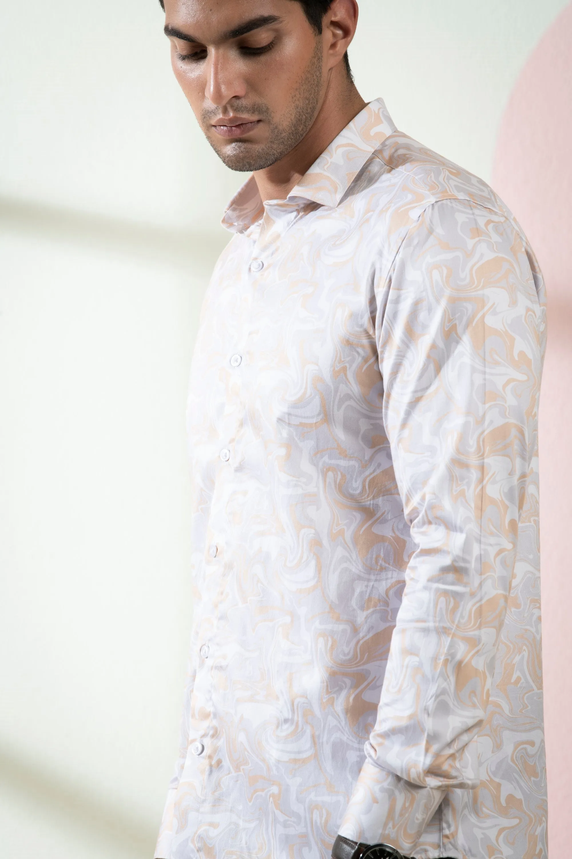Men's Peach Color Marbleized Full Sleeves Shirt - Hilo Design