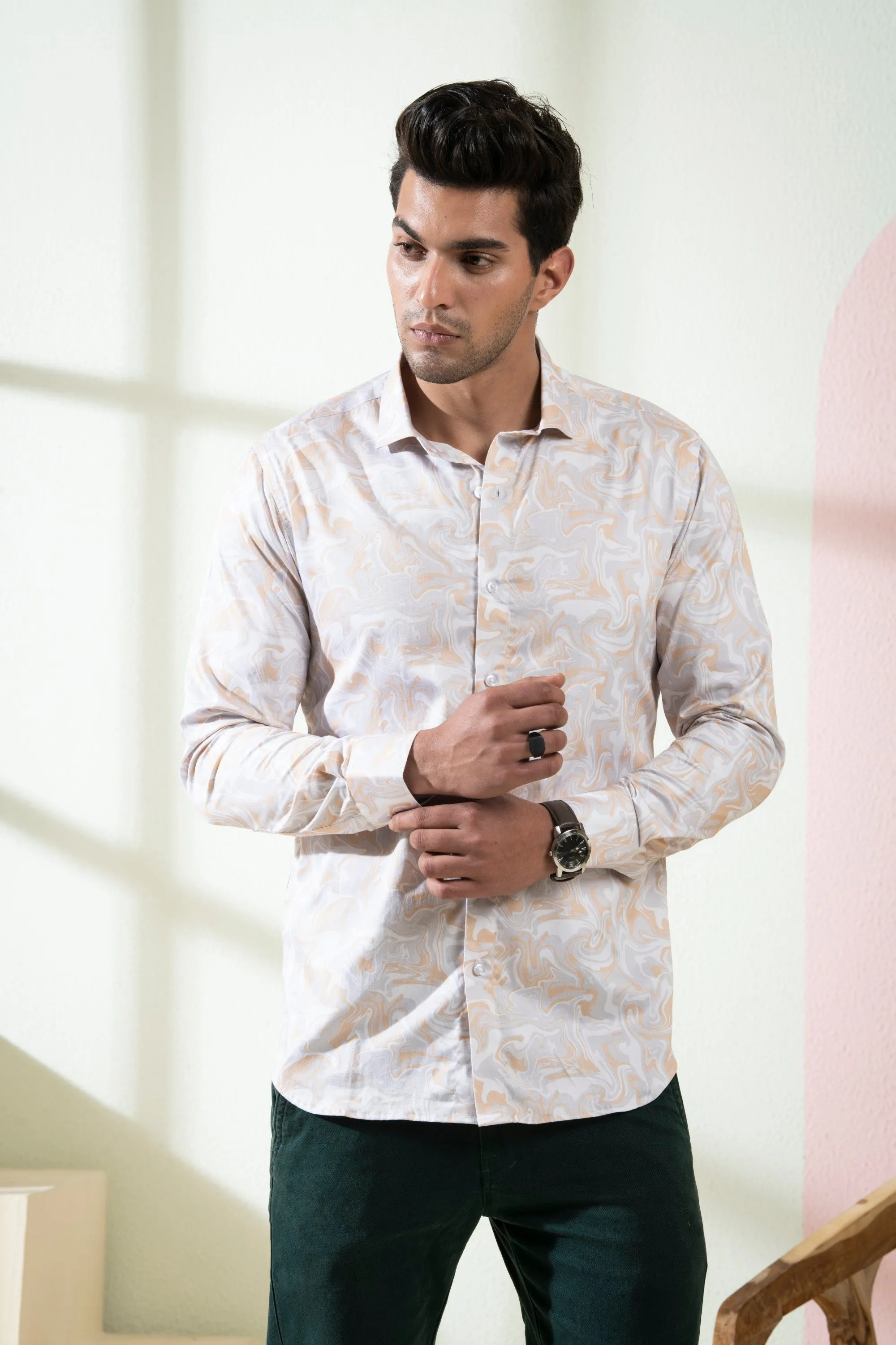 Men's Peach Color Marbleized Full Sleeves Shirt - Hilo Design