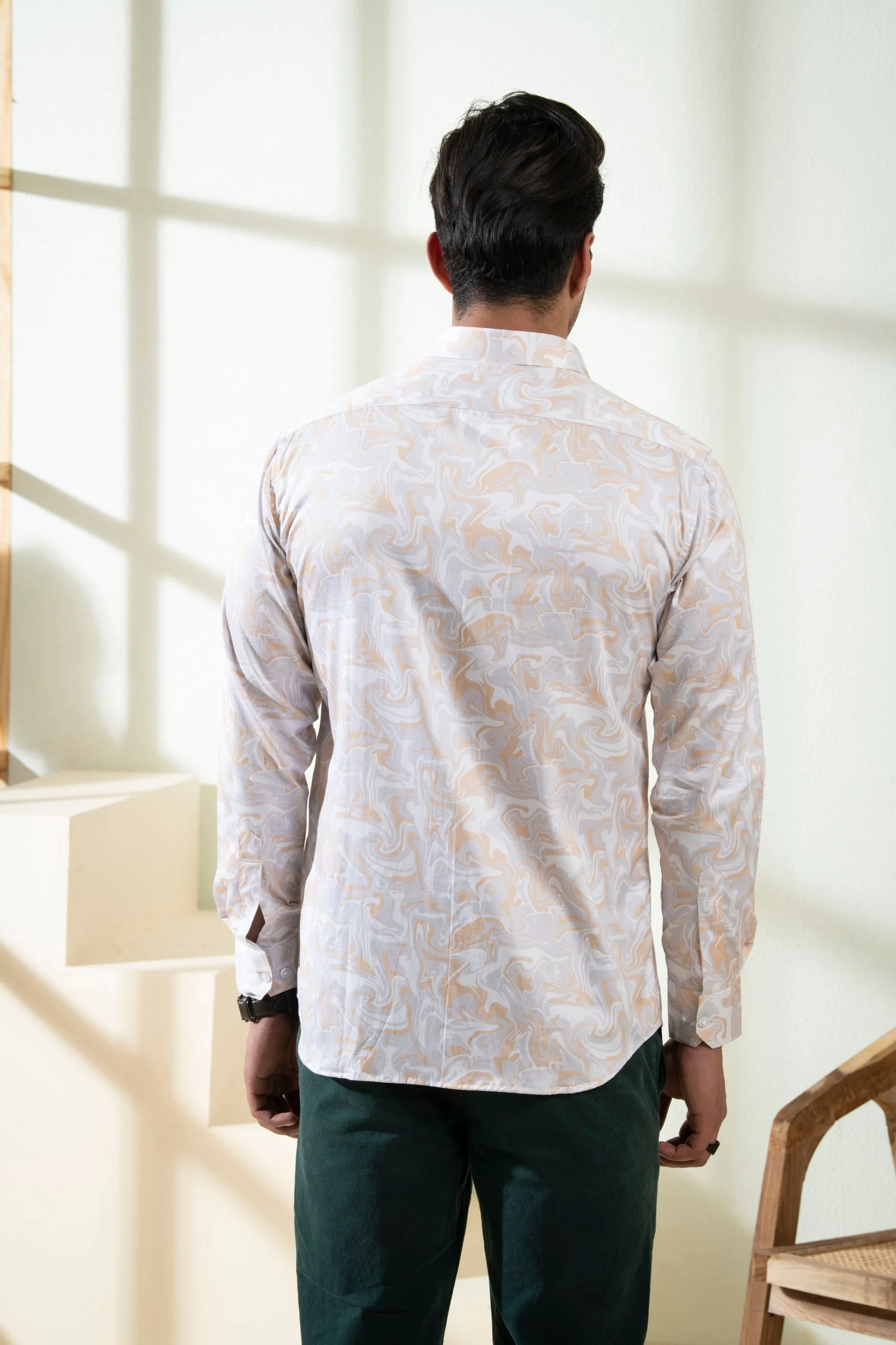 Men's Peach Color Marbleized Full Sleeves Shirt - Hilo Design