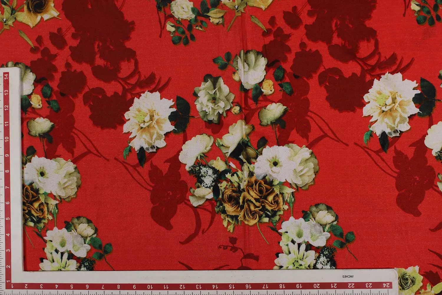 Red, Off White, Cream Floral Viscose Spun Fabric