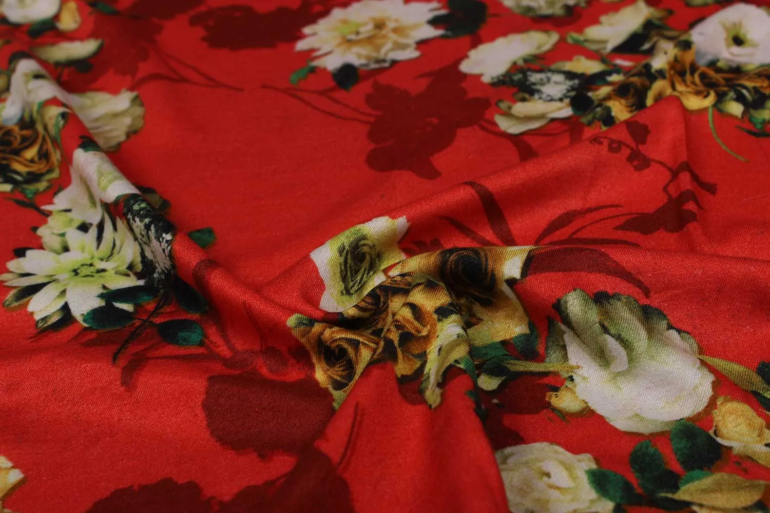 Red, Off White, Cream Floral Viscose Spun Fabric