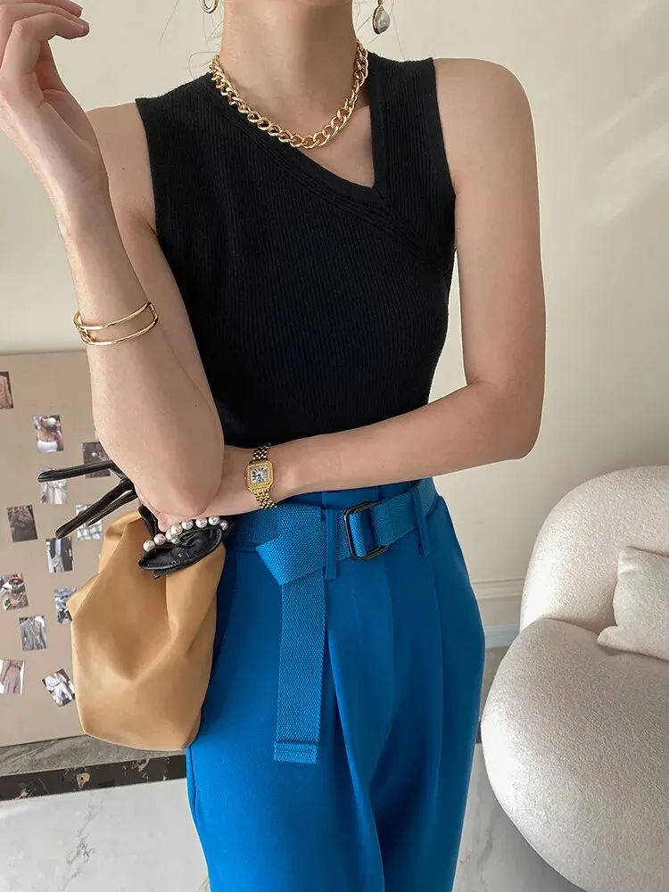 Slim Tank Tops For Women Skew Collar Sleeveless Solid Minimalist Knitting Vests Female Clothing Style Fashion