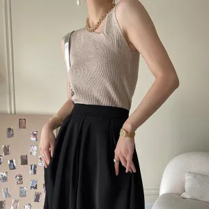 Slim Tank Tops For Women Skew Collar Sleeveless Solid Minimalist Knitting Vests Female Clothing Style Fashion