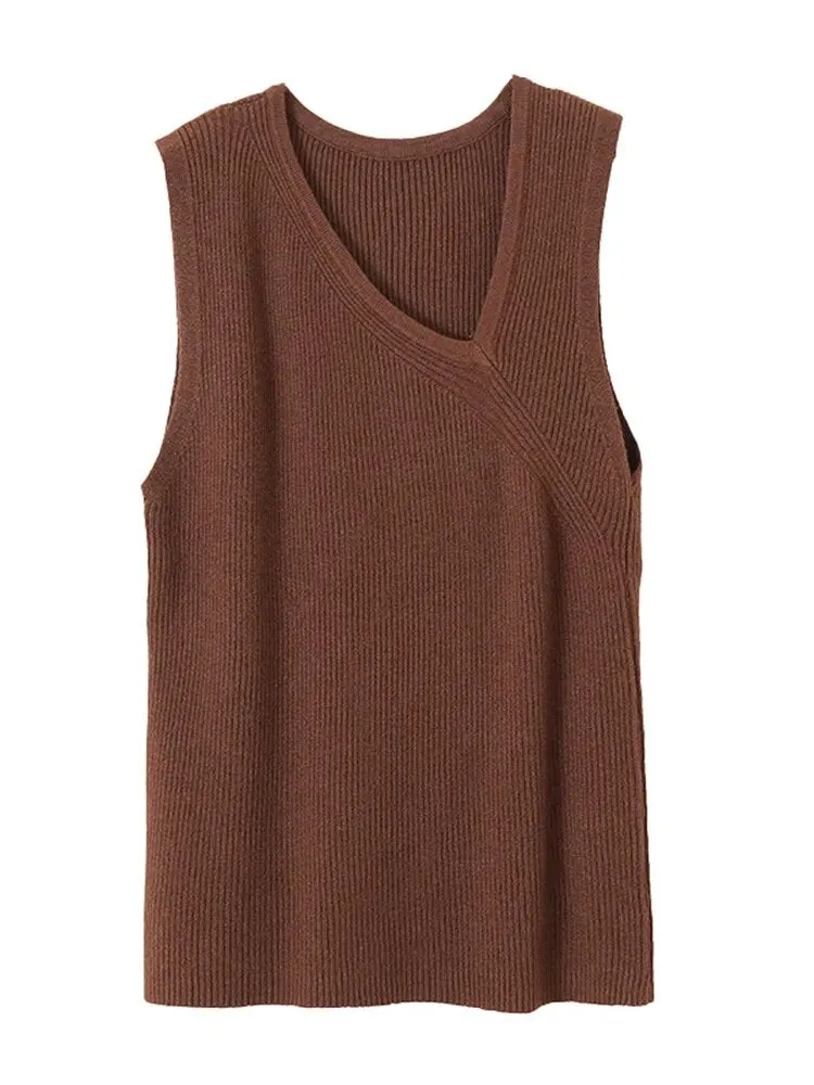 Slim Tank Tops For Women Skew Collar Sleeveless Solid Minimalist Knitting Vests Female Clothing Style Fashion