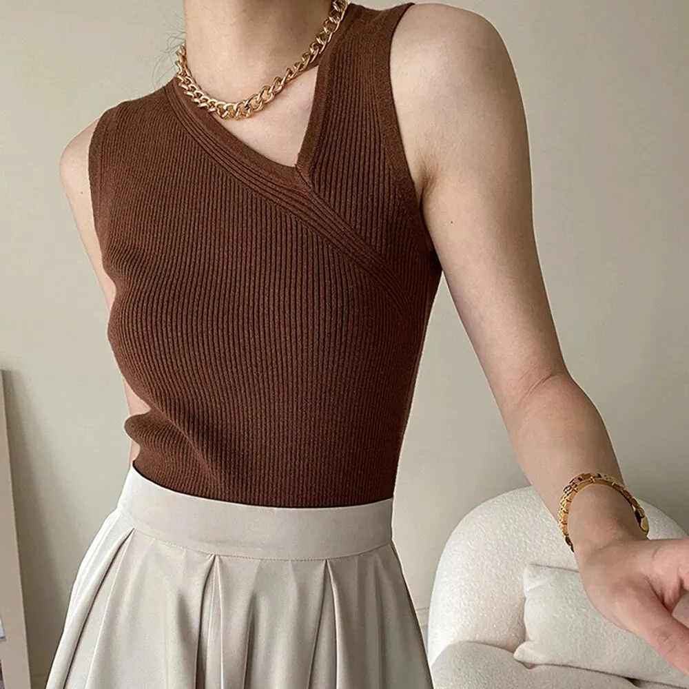 Slim Tank Tops For Women Skew Collar Sleeveless Solid Minimalist Knitting Vests Female Clothing Style Fashion