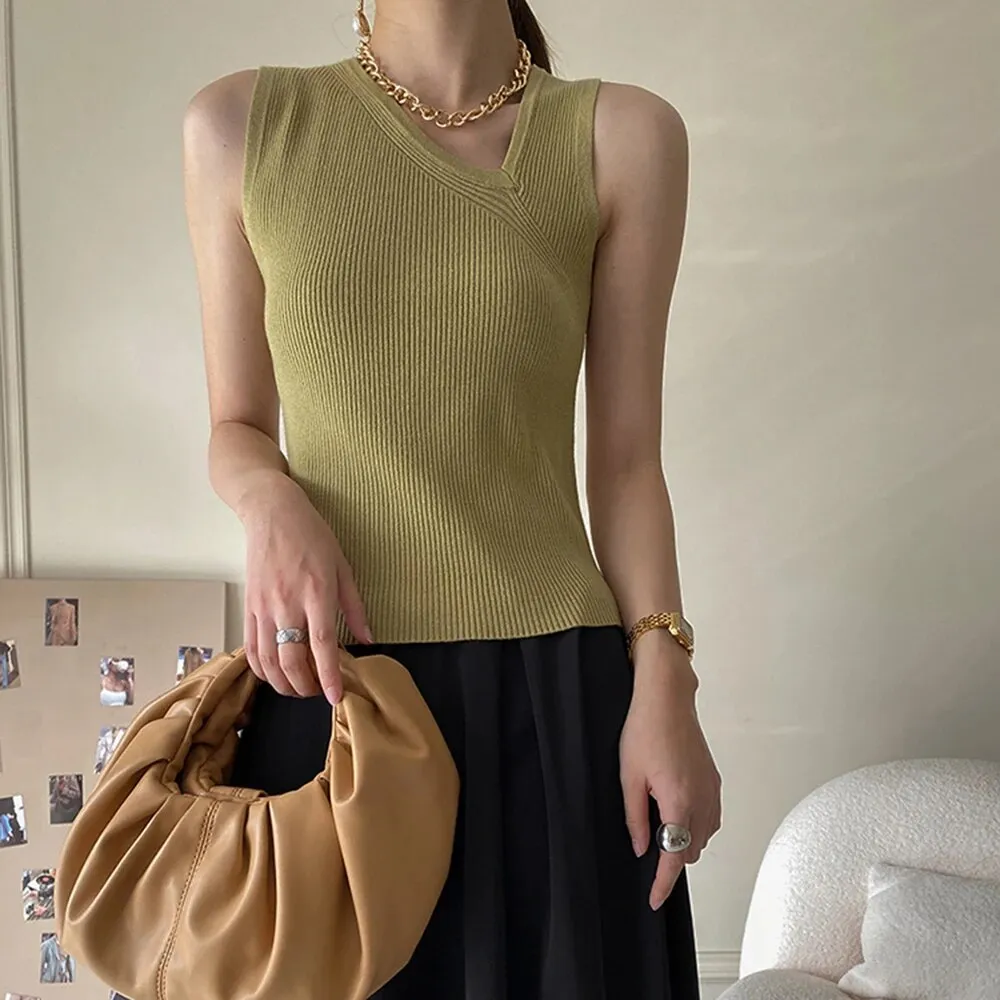 Slim Tank Tops For Women Skew Collar Sleeveless Solid Minimalist Knitting Vests Female Clothing Style Fashion