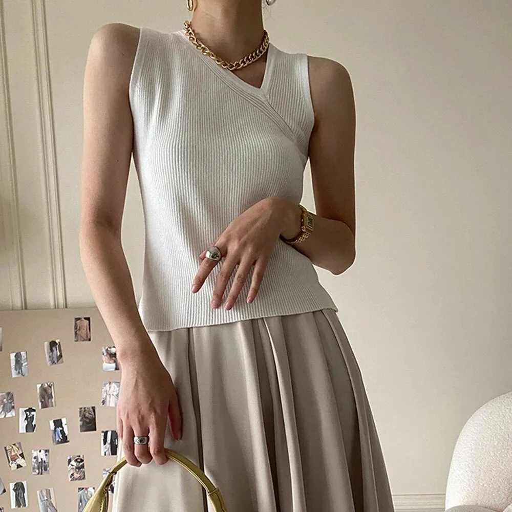 Slim Tank Tops For Women Skew Collar Sleeveless Solid Minimalist Knitting Vests Female Clothing Style Fashion