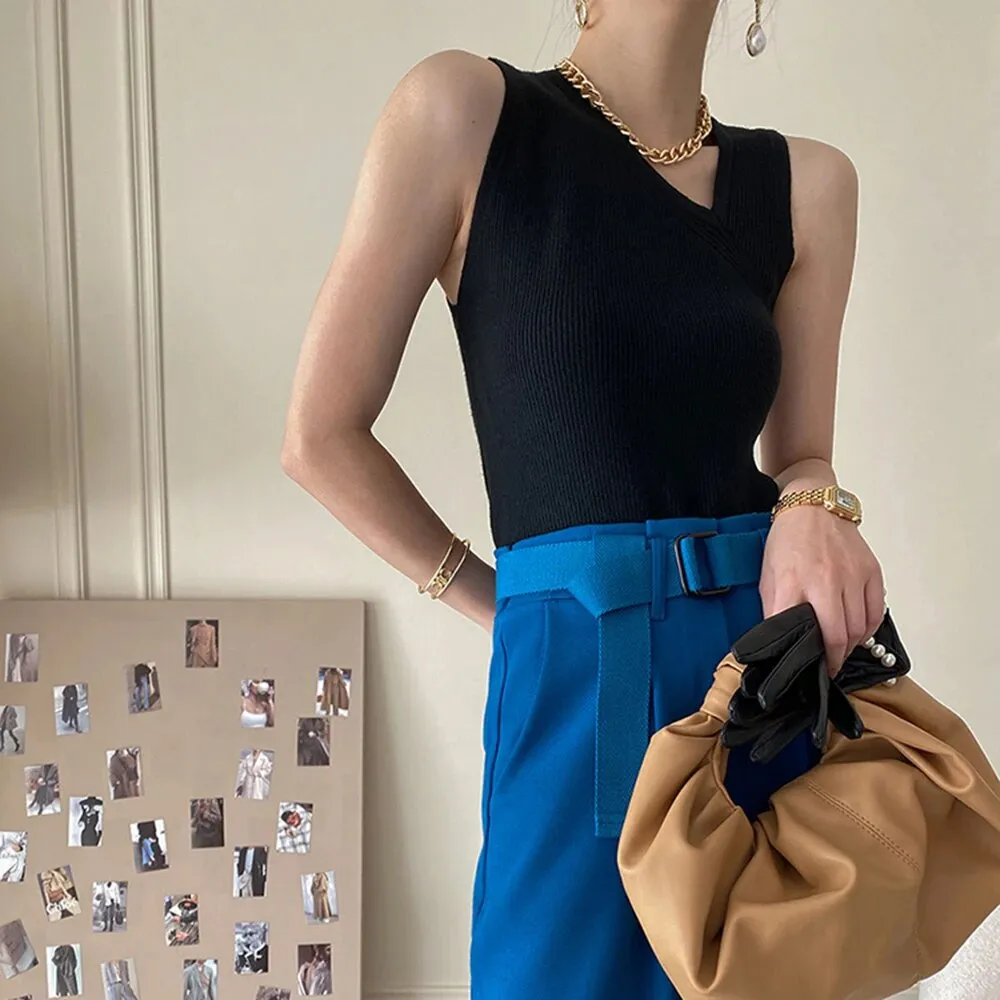 Slim Tank Tops For Women Skew Collar Sleeveless Solid Minimalist Knitting Vests Female Clothing Style Fashion