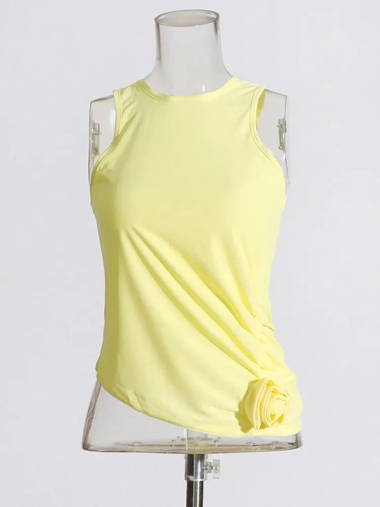 Solid Elegant Vests For Women Round Neck Sleeveless Patchwork Floral Casual Tank Tops Female Fashion Clothing
