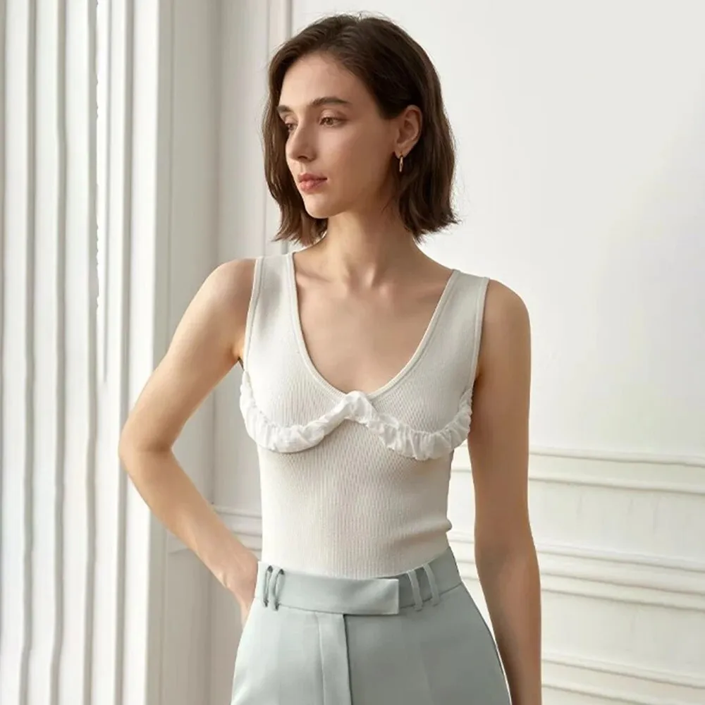 Solid Minimalist Vests For Women V Neck Sleeveless Sleeveless Skinny Patchwork Folds Knitting Tank Tops Female
