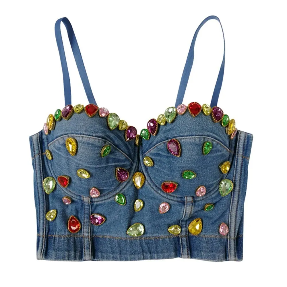 Temperament Patchwork Diamonds Denim Vests For Women Strapless Sleeveless Sexy Chic Vest Female Fashion